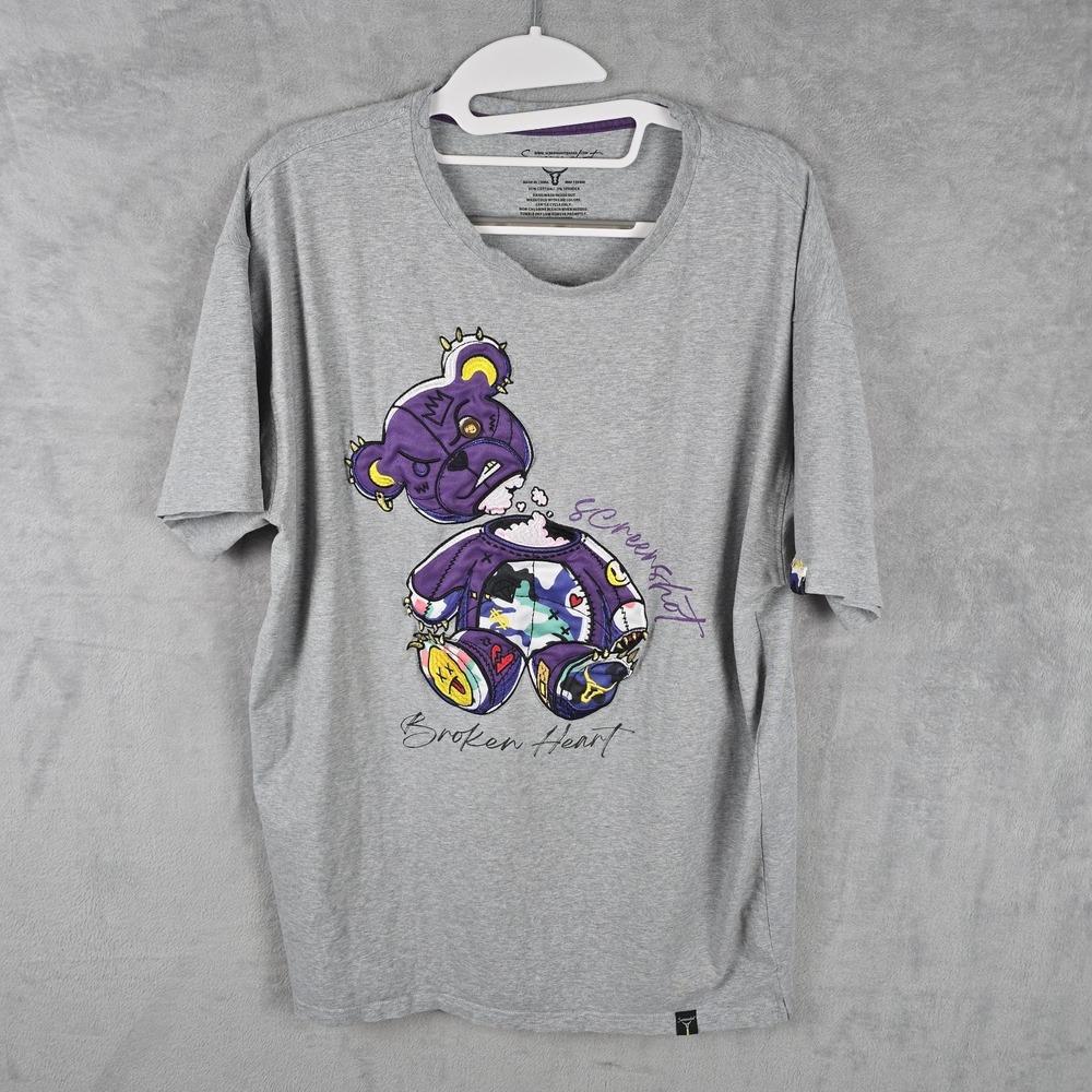 Screenshot Men 2XL Gray Broken Heart Bear Graphic T-Shirt Streetwear Embroidered